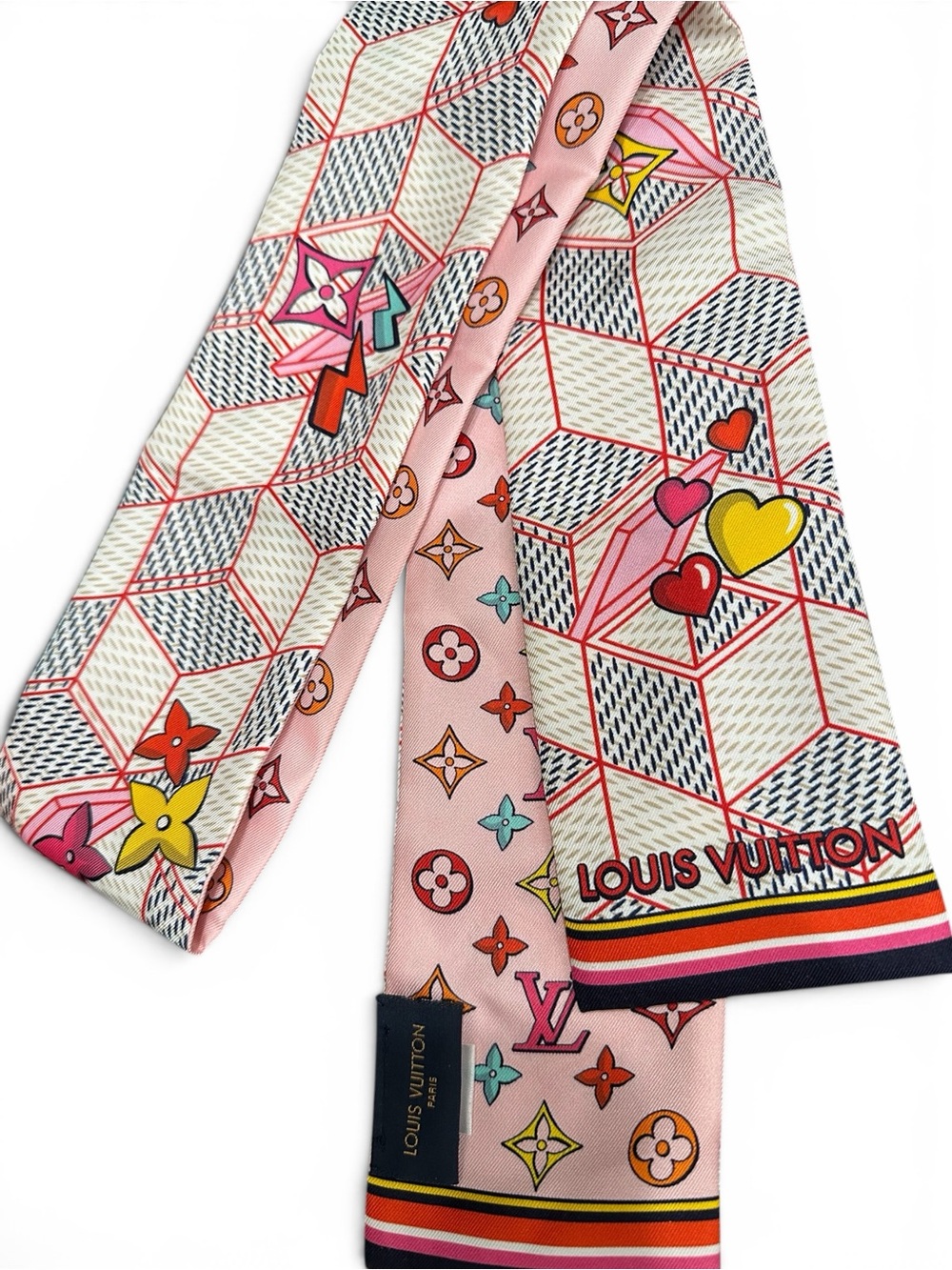 Louis Vuitton Damier Pop Up Bandeau Pink Heart Motif Silk Scarf